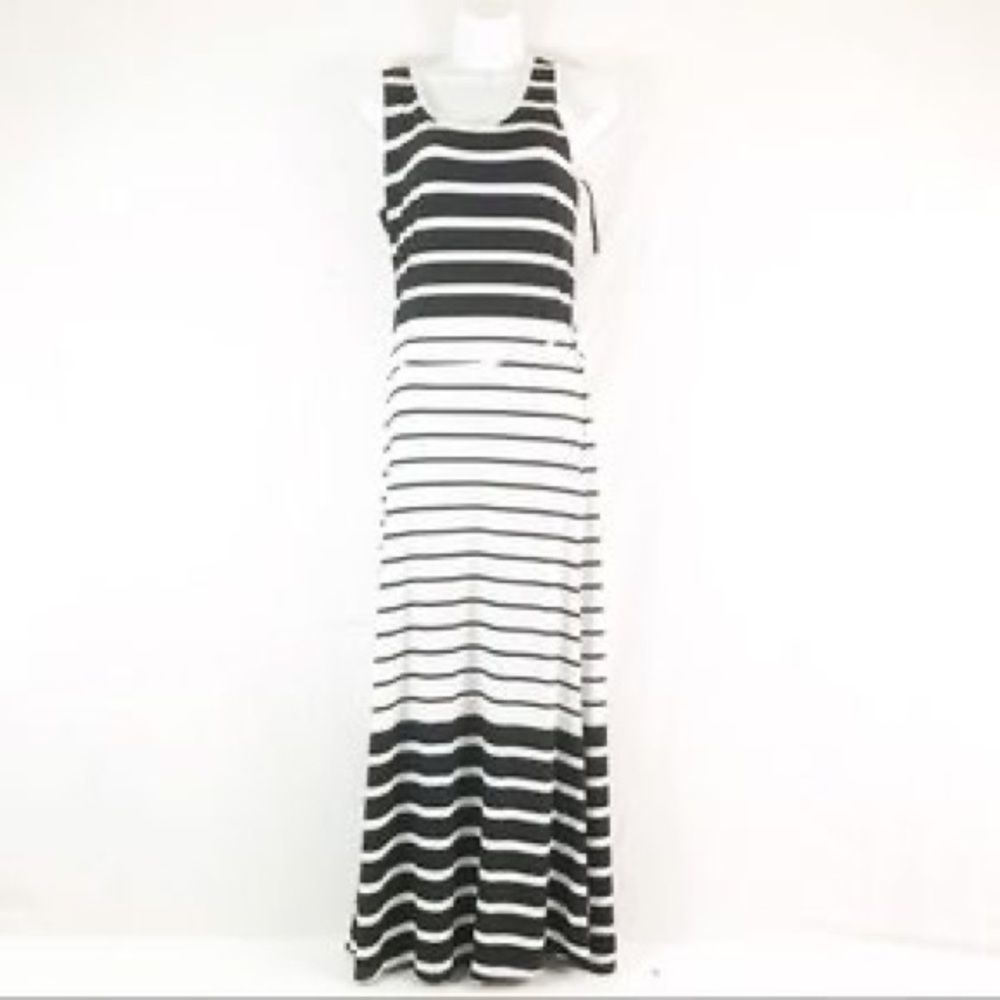 5 & Love-Black and Cream Striped Maxi Dress w/tie waist